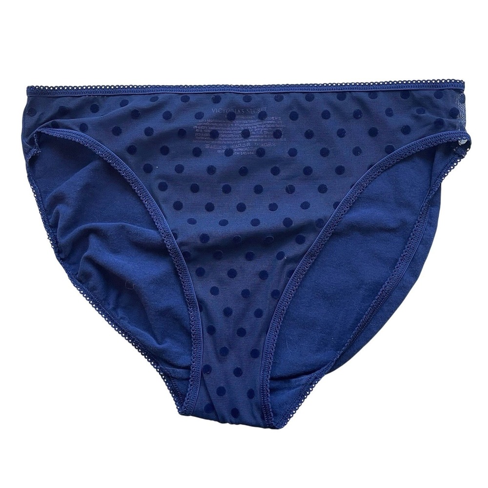 Vtg Victoria's Secret Lace Sheer Dot Mesh Bikini High Leg Panty Small Navy Blue
